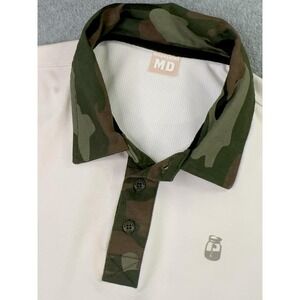Moonshine‎ Polo Shirt Mens M Cream Green Camo Collar Stretch Performance Golf